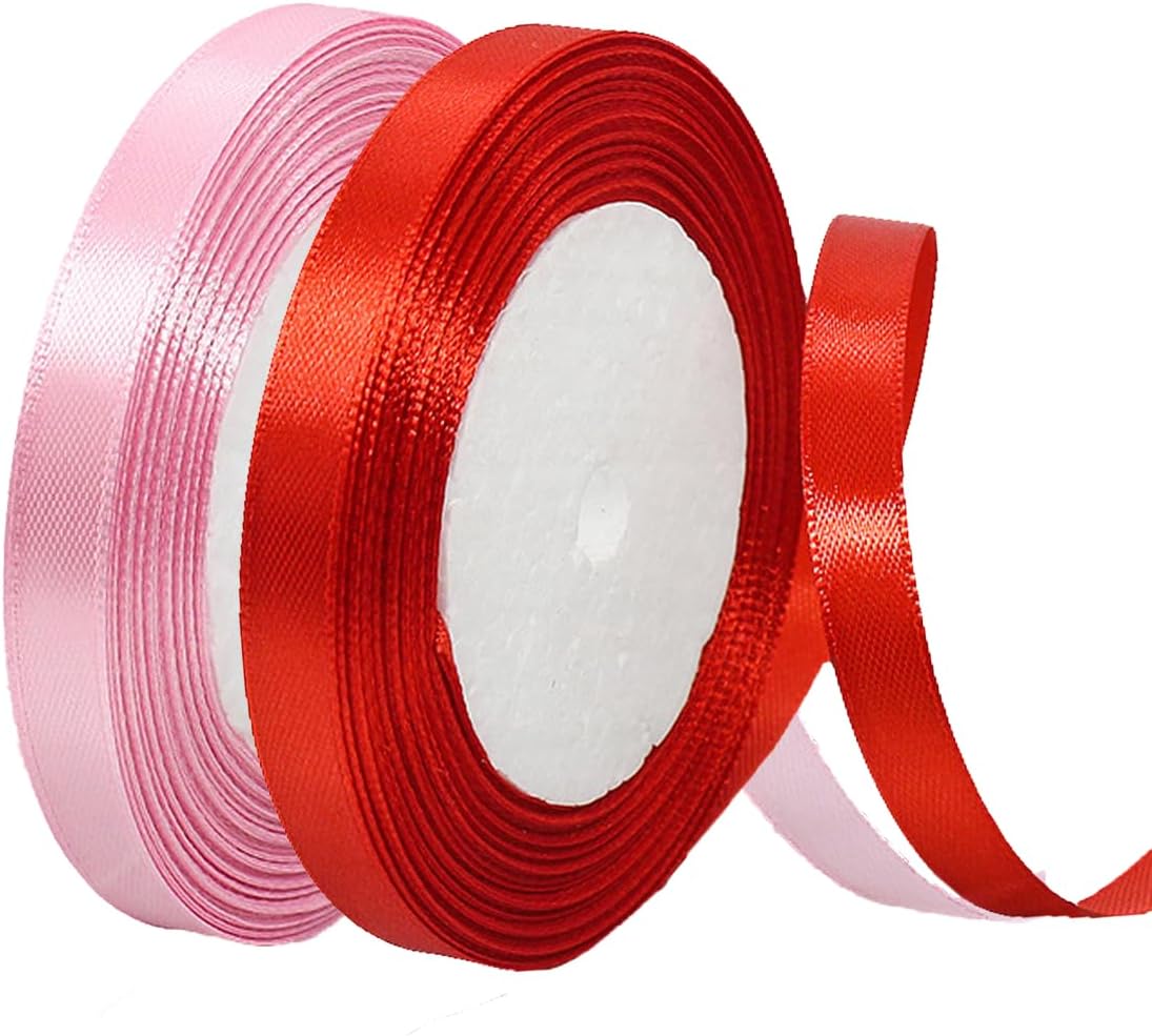 Amazon.com: 2 Rolls Red Pink Ribbon, 3/8 Inch x 50 Yards Satin Pink Red ...
