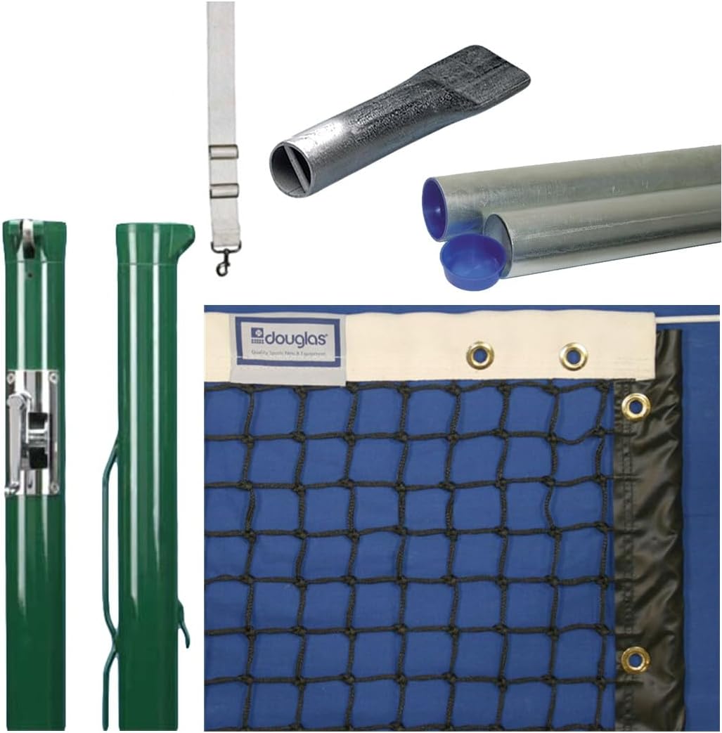 Douglas Premier XS Tennis Posts – Permanent Court Kit – 2 7/8” OD Round, Internal Wind w/Plated Gears, Green – Optional Ground Sleeves