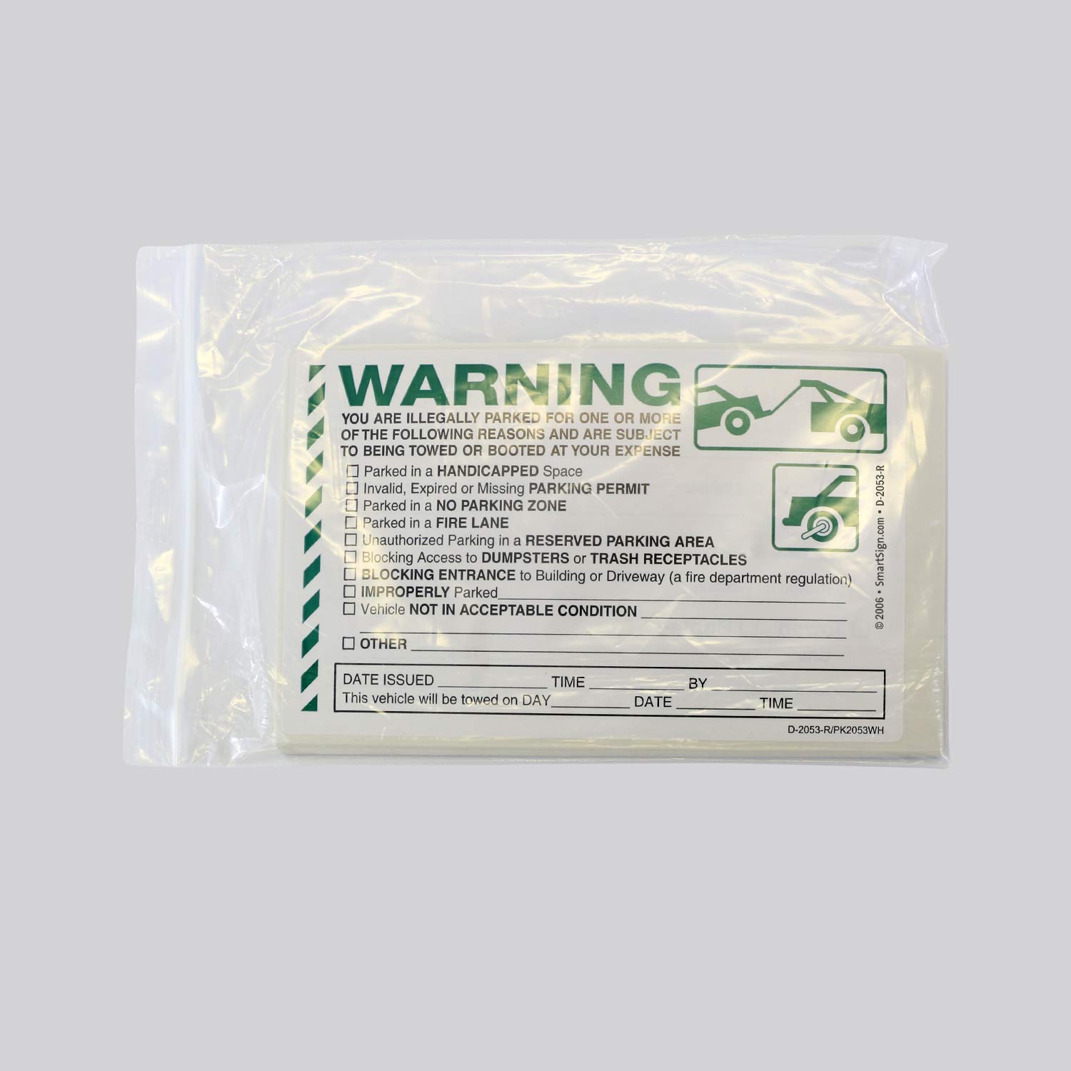 SmartSign 50-Pack 'Warning You are Illegally Parked' Sticker Labels with Permanent Adhesive, 5" x 8" Paper, Hard to Remove Write-On Tow Warning Parking Tickets, Green, Black/White