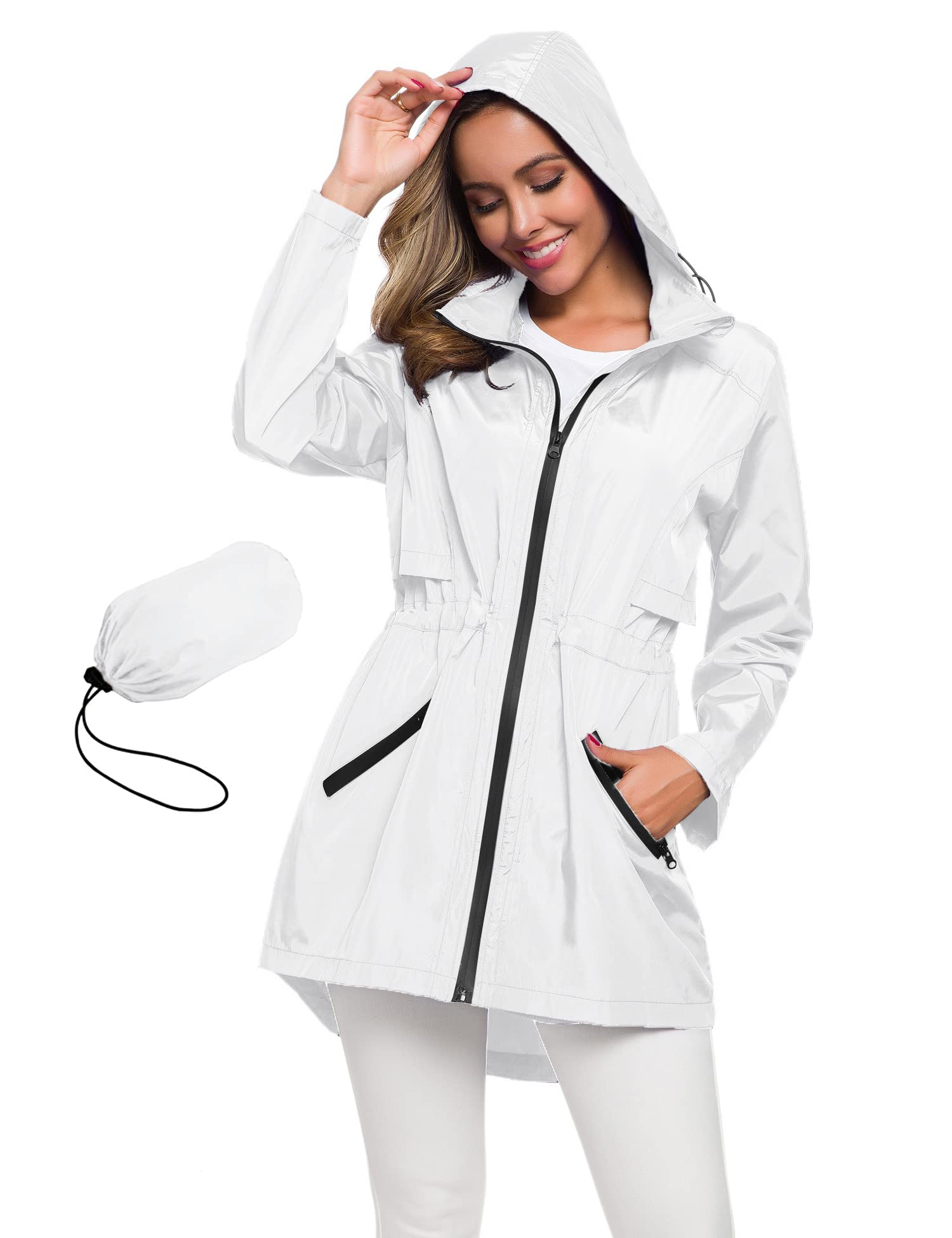 Avoogue Women's Long Raincoat with Hood Outdoor Lightweight Windbreaker Rain Jacket Waterproof Medium White