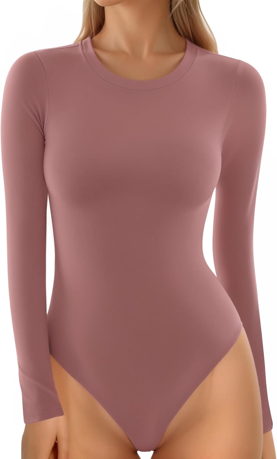 MANGOPOP Women's Crew Neck Short Sleeve Bodysuit Long Sleeve Body Suit T Shirts Basic Slim Fitted Tops