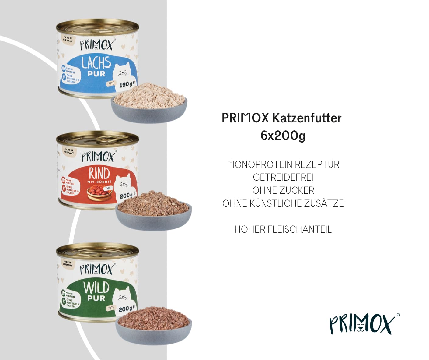 PRIMOX Katzenfutter nass Mix 3 Huhn, Ente, Pute, Rind, Wild & Lachs, 30x 200g + 6X 190g - Natürliches Nassfutter mit hohem Fleischanteil - Monoprotein-Quelle ohne Getreide & Zucker