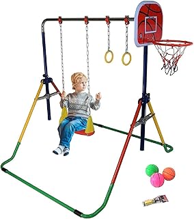 Balançoire Kids Gymnastics Bar Jungle Gym Monkey Bar Set with Swing Seat, 2 Trapeze Rings, Basketball Hoop, Junior Kip Bar Gymnastic Training Bar Home Swing Set Horizontal Bar Folding Feature Colorful