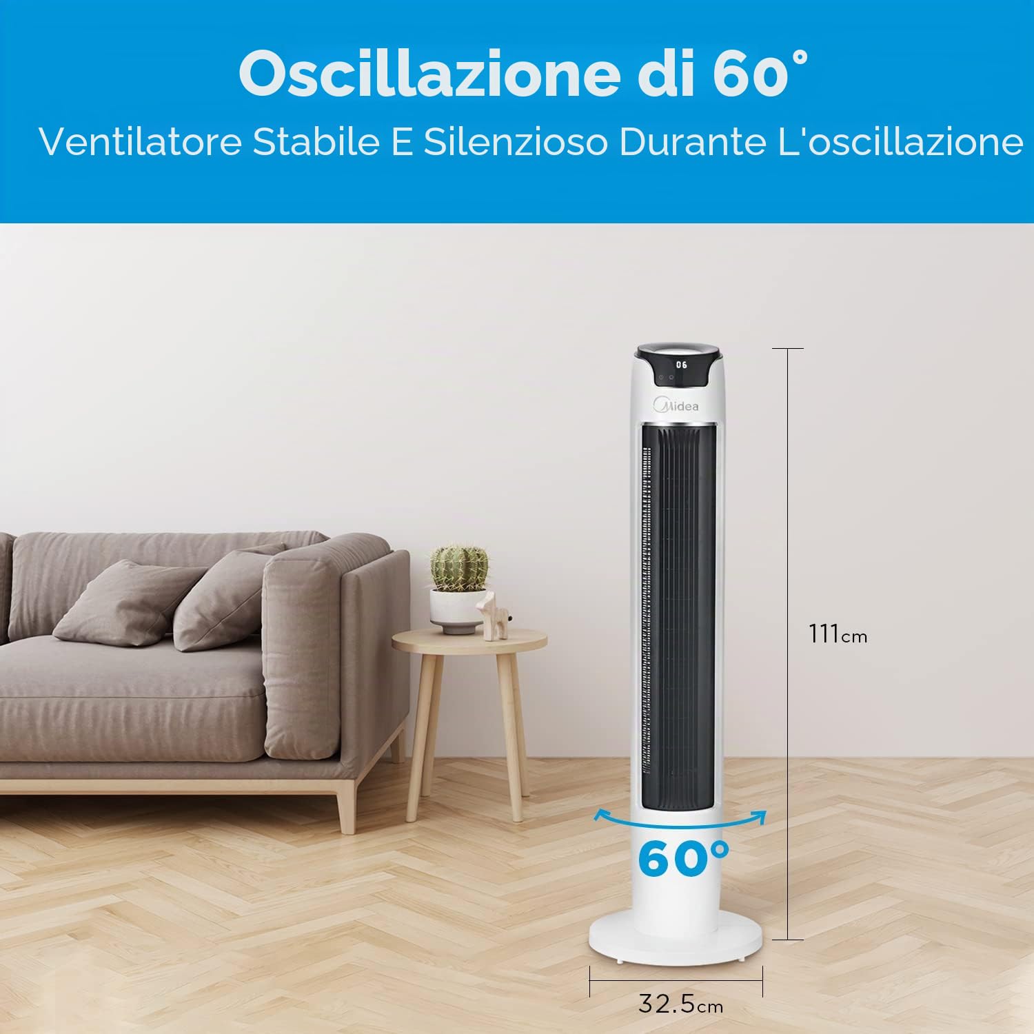 Midea FZ10-16AR Ventilatore a torre con telecomando, 110 cm, con oscillazione 60°, 6 livelli di velocità, 3 ventilazioni, timer 12H, bianco