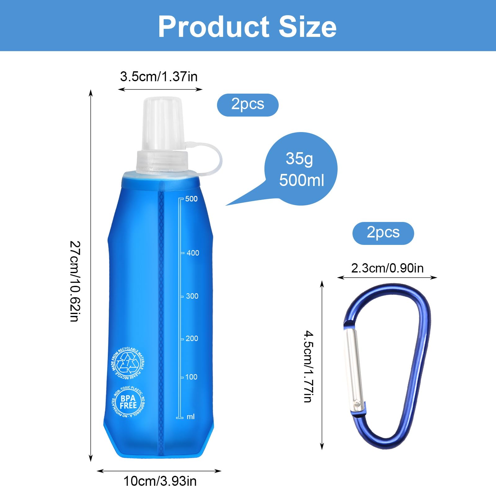 TPU składane butelki do picia, 2 sztuki 500ml butelka Soft Flask z karabinem bez BPA, butelka sportowa do plecaka na napoje, butelka do biegania, wędrówki, kempingu, wspinaczki górskiej