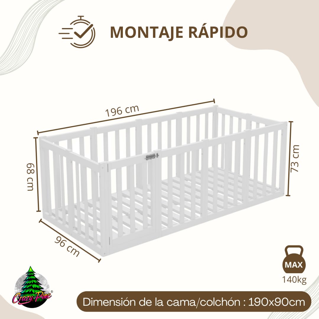 Cama Montessori 190x90 cm - Cama Infantil con Protección contra Caídas 73cm y Barrera Abrible - Camas Infantiles Superficie Lisa niños y niñas - Blanco