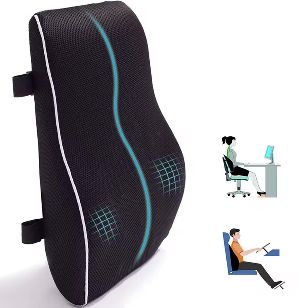 Ergonomic Lumbar Support Cushion, Black Mesh Back Support Pillow with Adjustable Straps for Office Chair, Car Seat, Gaming Chair