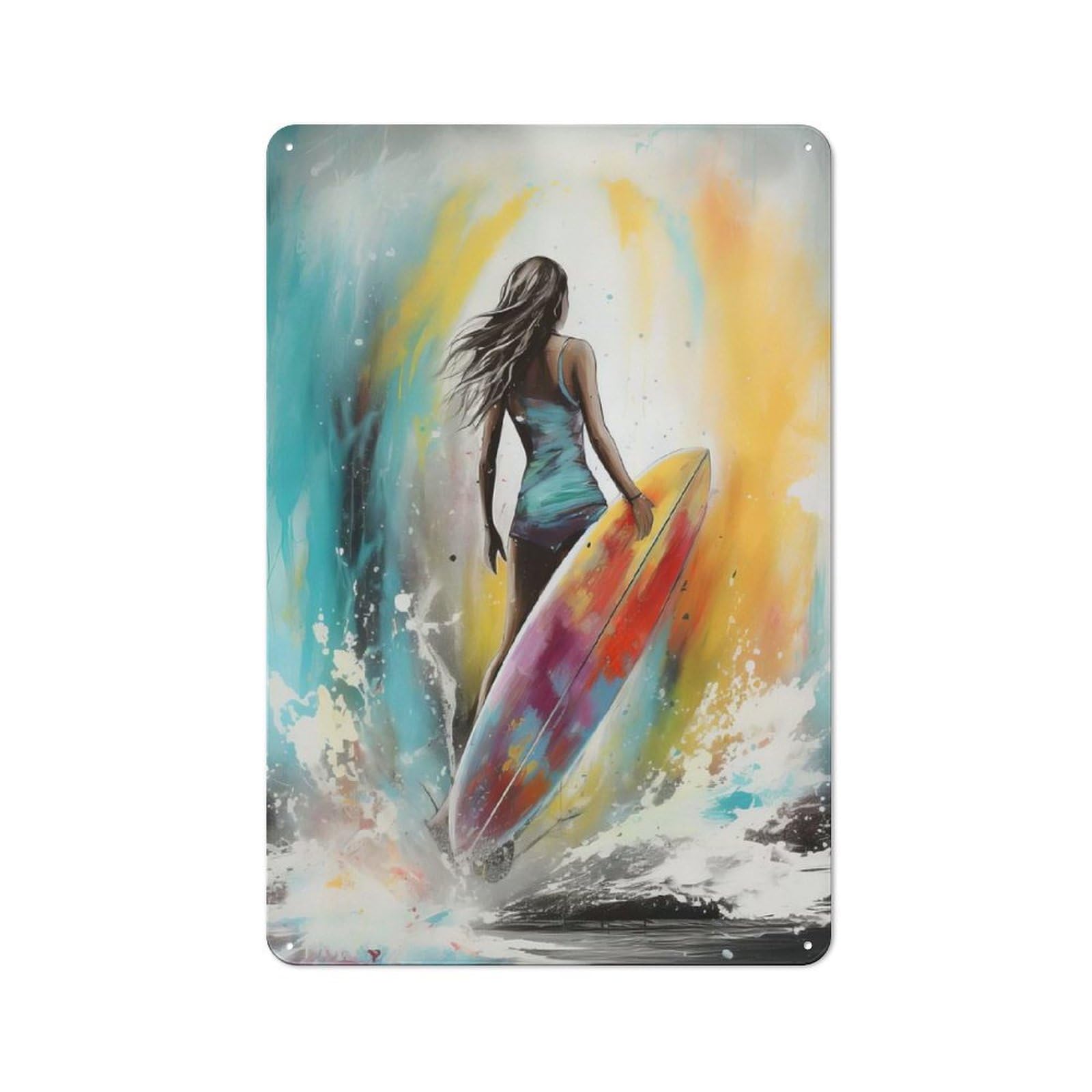 Tin Wall Plaque 30x20cm with Woman with Surfboard for Bar Or Restaurant, Housewarming Present for People Styling Bar And Restaurant