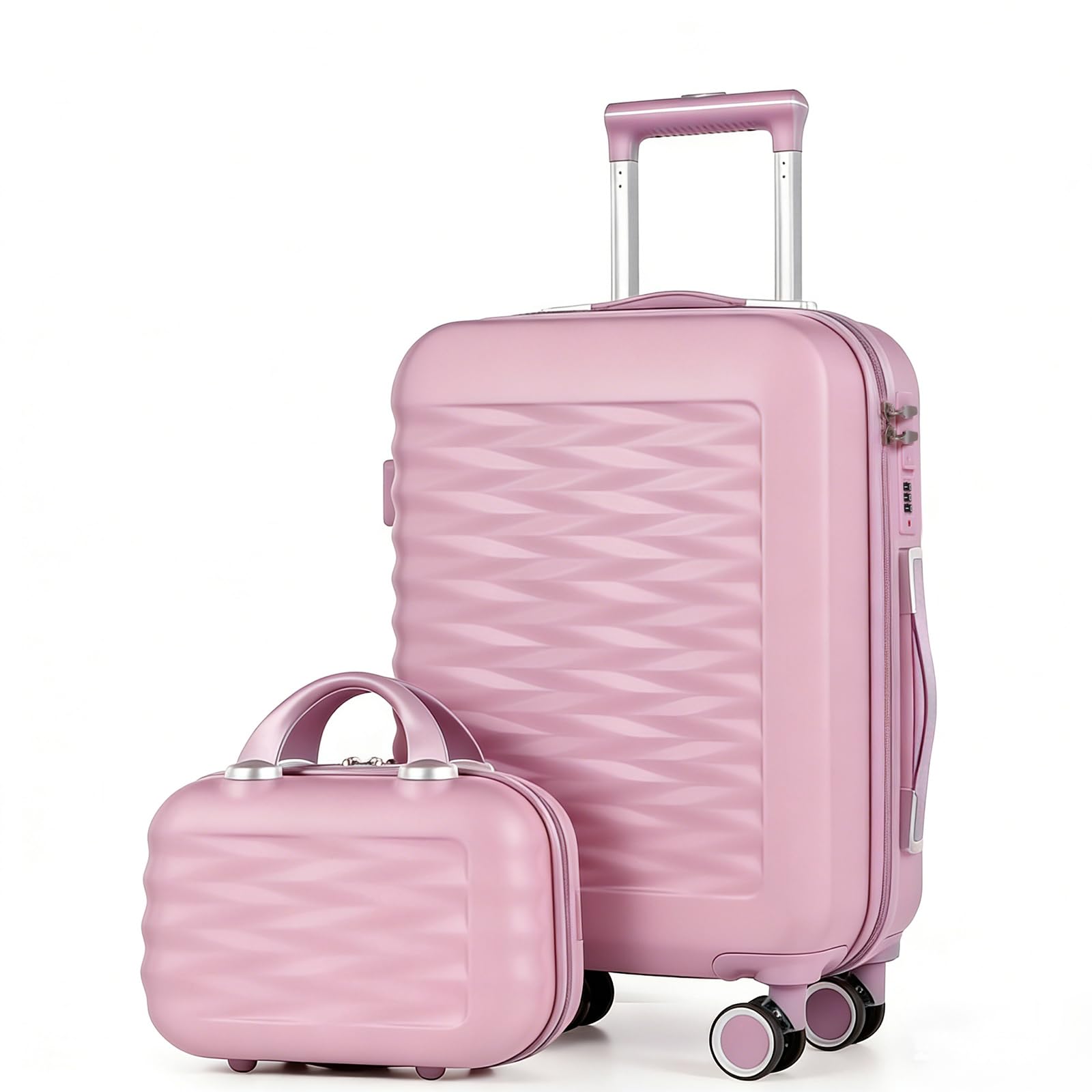 2er-Set Handgepäckkoffer: 20-Zoll-Kabinenkoffer mit Kosmetiktasche – Leichter Hartschalenkoffer aus ABS+PC mit Spinner-Rollen (Rosa, 2-teilig)