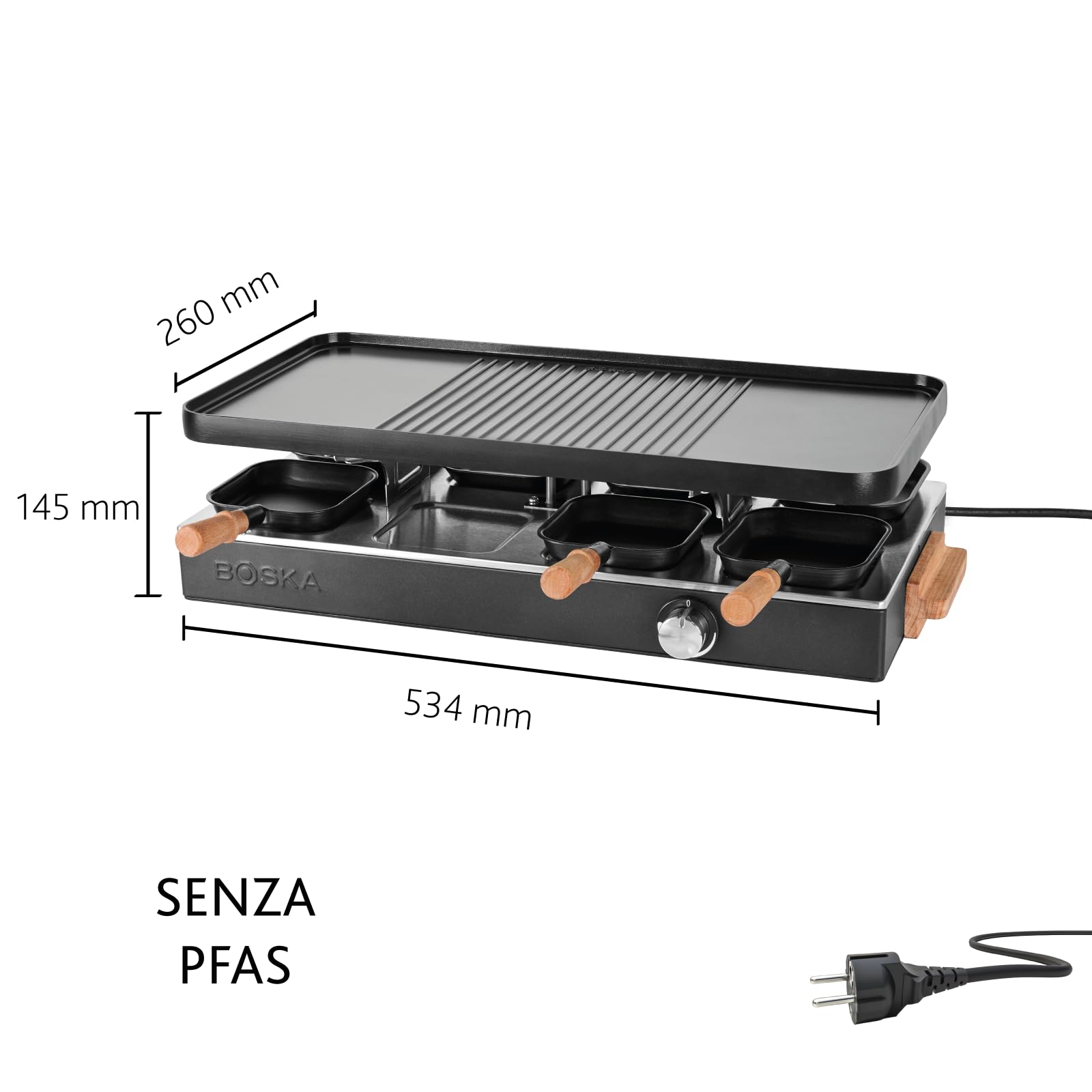 Boska Raclette Party – Griglia da tavolo per 8 persone – Senza PFAS – Piastra in ceramica – Manici in legno di faggio – Piastra in alluminio reversibile – Nero
