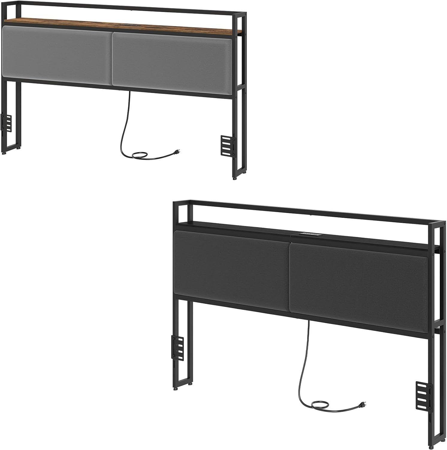 King Size Headboard Only and Head Board Bundle, Upholstered King Headboard with Charging Station, Head Board with Open Storage, Height Adjustable, Rustic Brown and Black, BH14UBR-BH14UBB