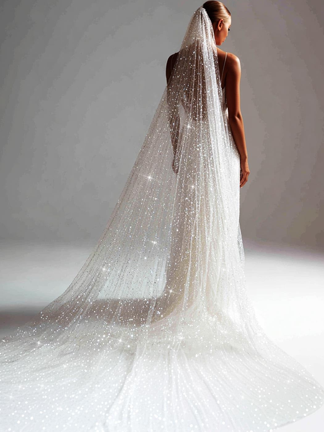 EASEDAILY Glitter Bride Wedding Veil Ivory Long Sparkle Cathedral Length 1 Tier Bridal Tulle Veils with Comb for Women