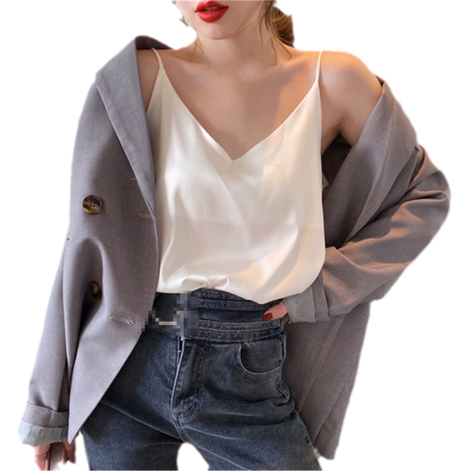 Las mujeres de seda coreana Tops Camis satén chaleco Top moda señora V-cuello Camis mujeres sin mangas blanco Tops Sexy Halter Top, blanco, XXL