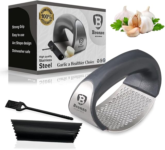 Bronze® Garlic Ginger Press Rocker with Cleaning Brush and Silicone Garlic Peeler Garlic Crusher Stainless Steel Kitchen Gadget Food Grade Ergonomic Handle Garlic Chopper Easy to Clean Easy to Use