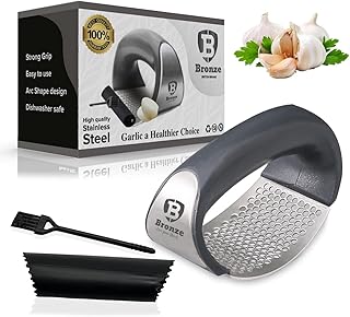 Bronze® Garlic Ginger Press Rocker with Cleaning Brush and Silicone Garlic Peeler Garlic Crusher Stainless Steel Kitchen Gadget Food Grade Ergonomic Handle Garlic Chopper Easy to Clean Easy to Use