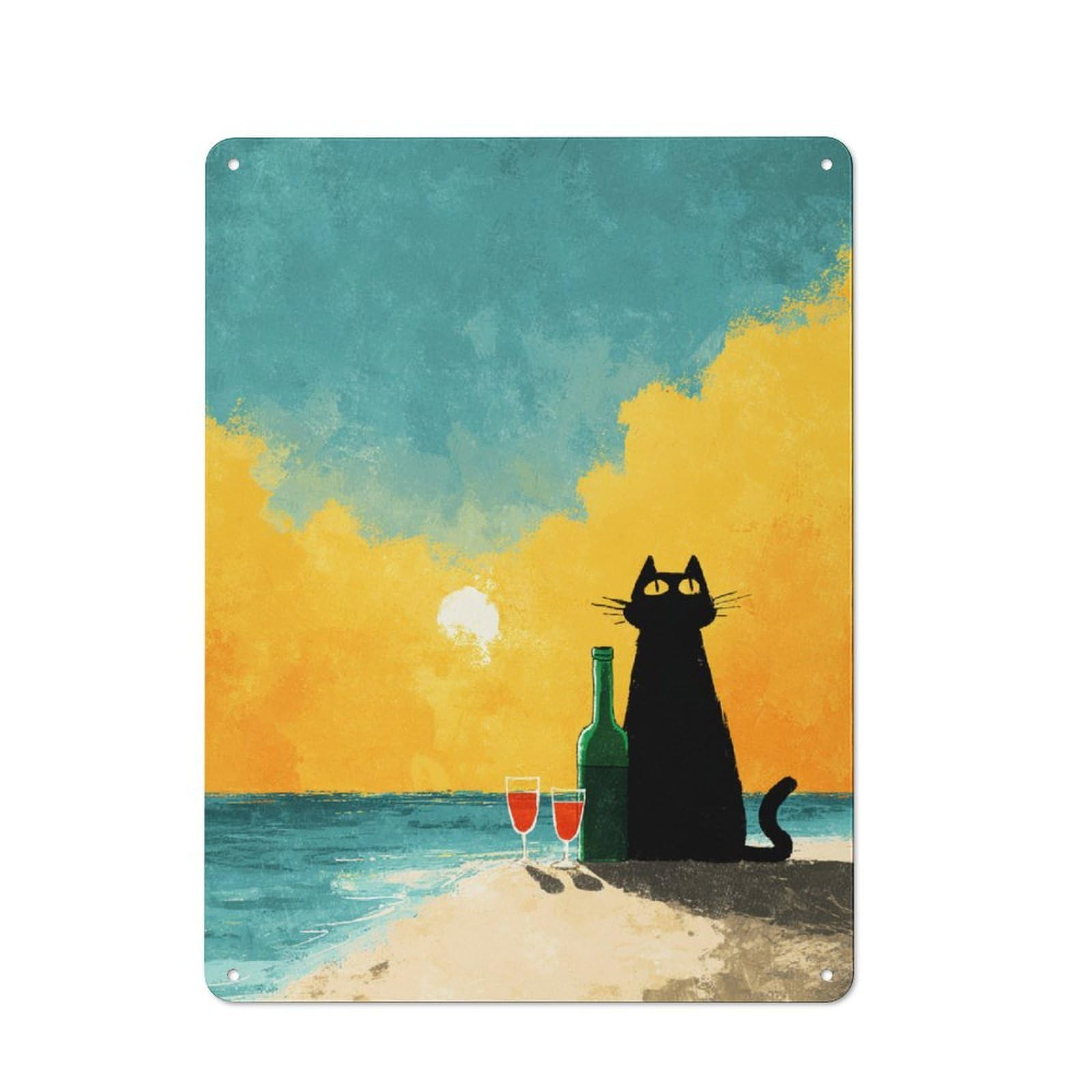 Junmoney Cat On The Beach At Sunset Metal Wall Sign With Design 40X30cm, Loft Style Studio Wall Art For Flat, Bar, Studio Or Gallery Wall