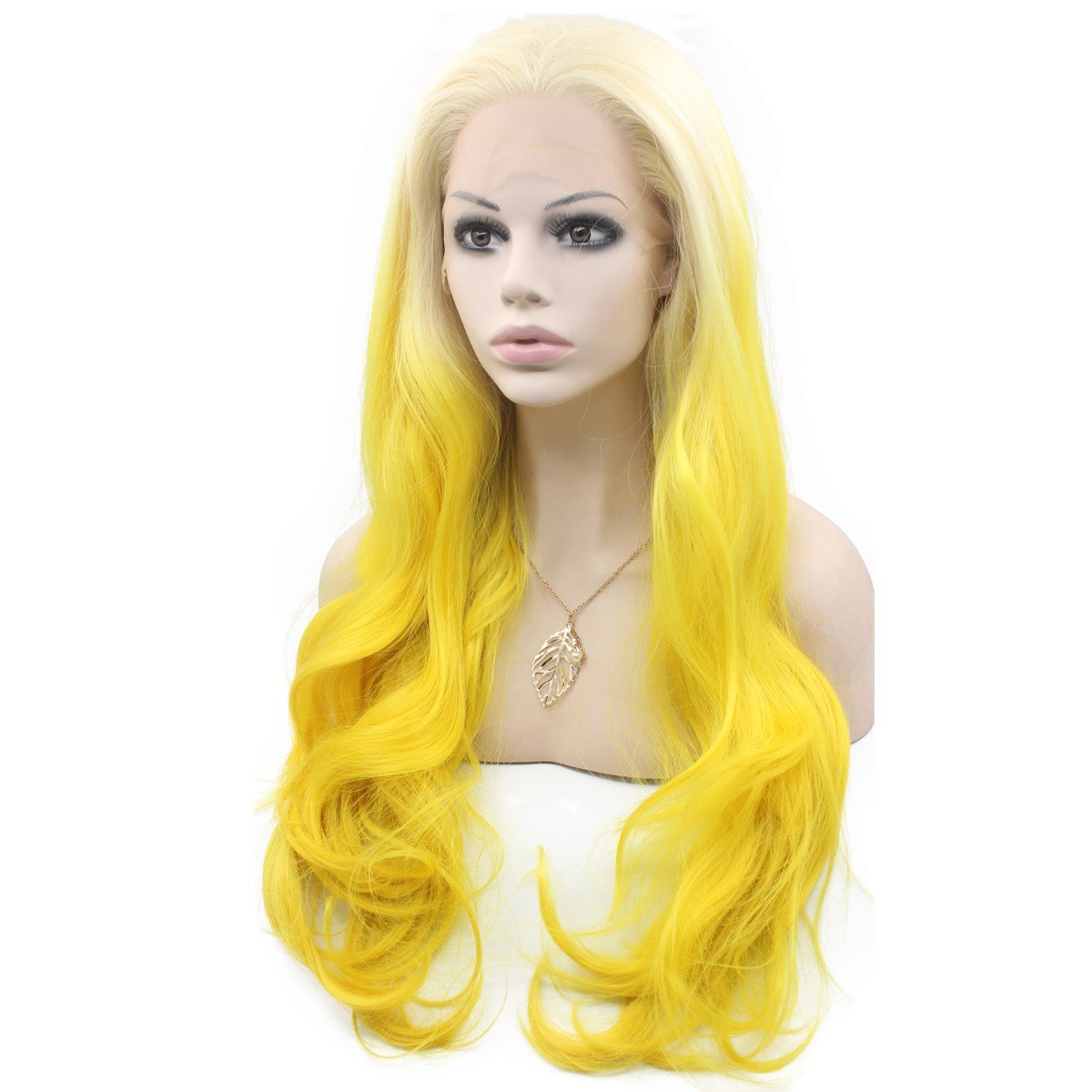 MX angel Long Wavy Synthetic Lace Front Blond Yellow Ombre Wig Glueless Half Hand Tied Ombre Cosplay Yellow Wig