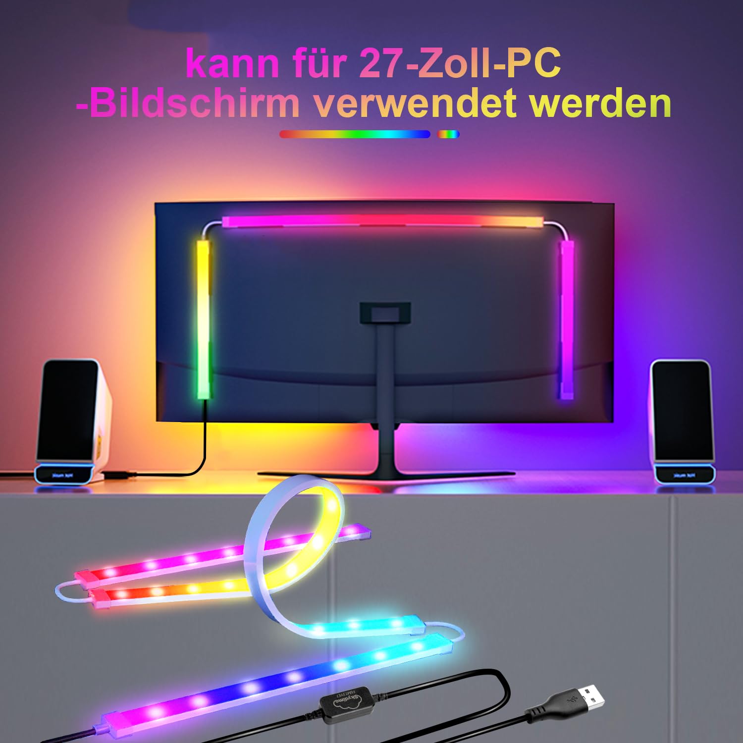 Herrselsam Striscia LED RGB RGB 111 cm per monitor PC da 27 pollici, striscia luminosa al neon, retroilluminazione PC, illuminazione LED USB con controllo app, confezione da 2