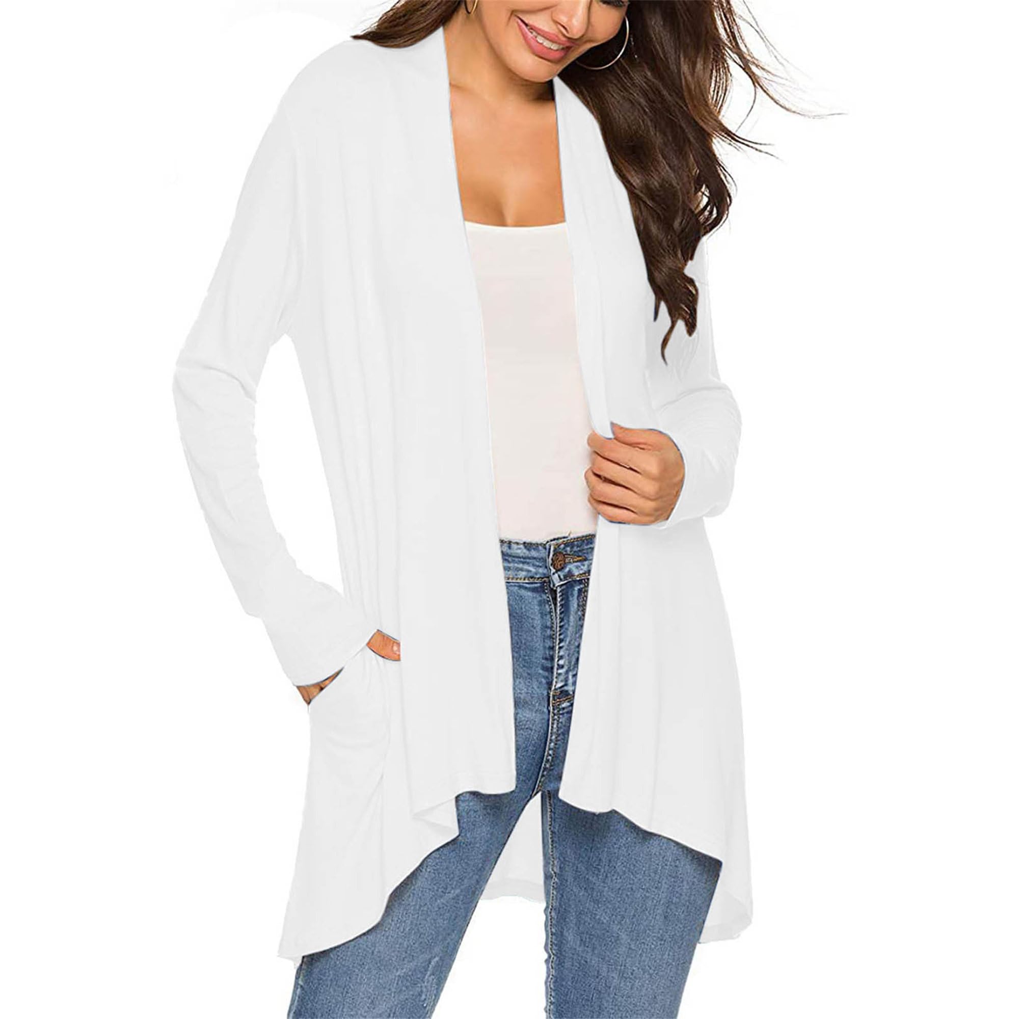 Long Sleeve Cardigan for Women Casual Open Front Dressy Fall Draped Coat Lightweight Cover Up Shrugs Sweater Pocket (X-Large,White)