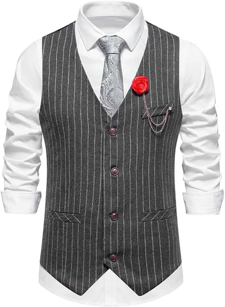 Men's Four Seasons Retro Tweed Single-Breasted Striped Suit Vest Casual Retro Vest
