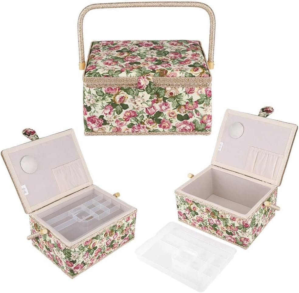 JEOZBM Sewing Basket with Flower Floral Print Design, Sewing Kit Storage Box with with Removable Tray, Built in Pin Cushion and Interior Pocket, Handicrafts Crafting Tools Storage for Craft Lovers