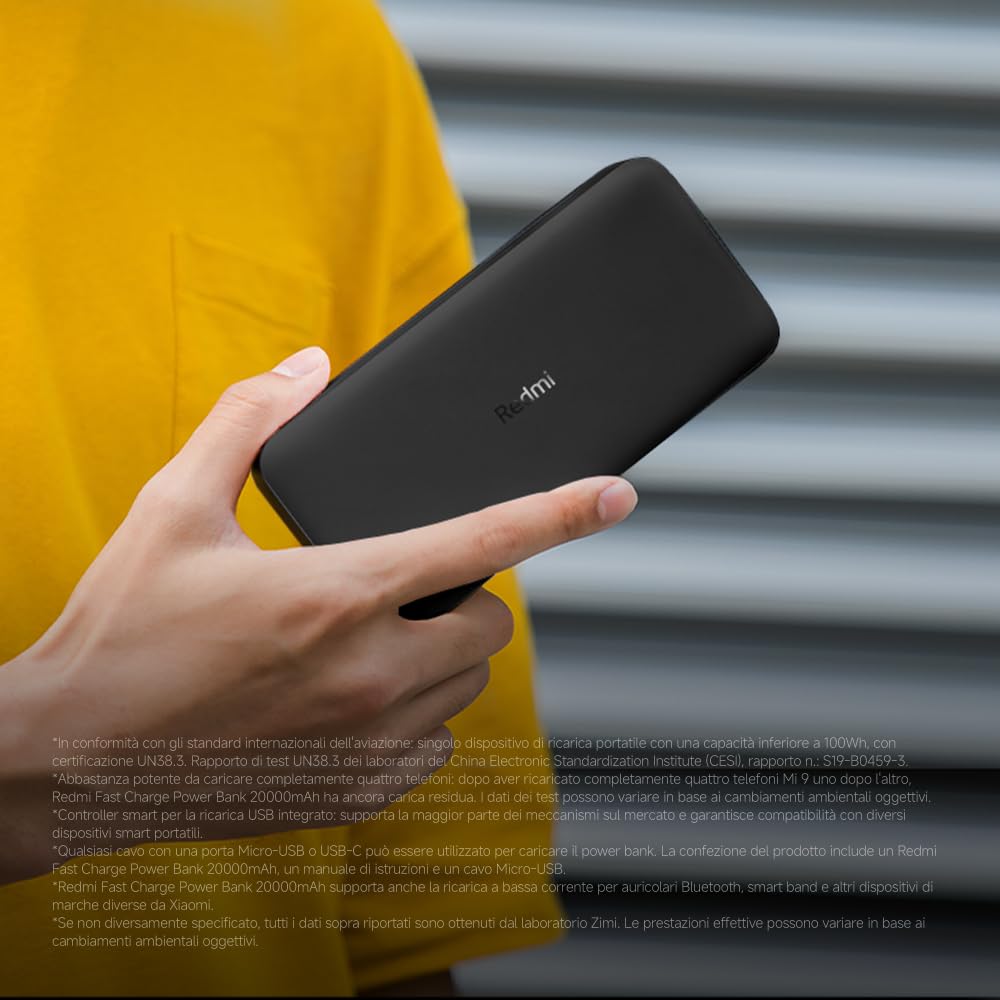 Redmi Power Bank da 20000 mAh, ricarica rapida, ricarica rapida bidirezionale da 18 W, doppia porta di ingresso e uscita, 74 Wh ad alta capacità, batteria esterna compatibile con iPhone