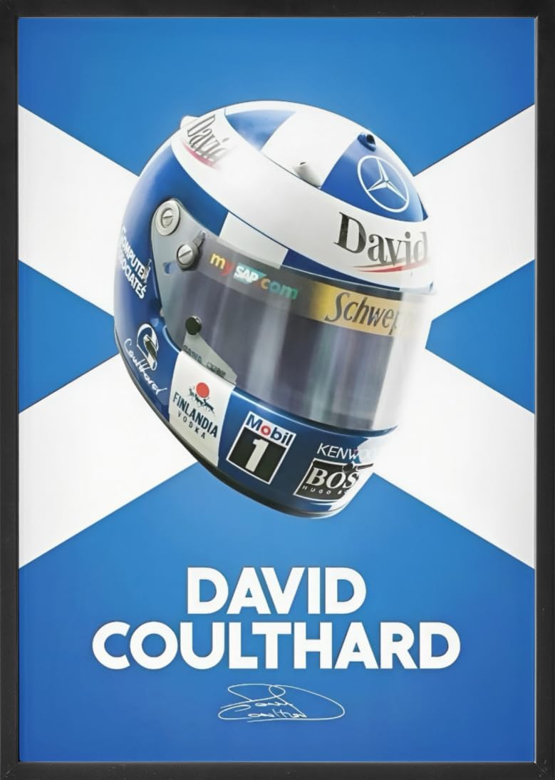 GenericFRAMEX Legendary Formula 1 Racer David Coulthard Sign Helmet Wall Decoration Art Framed Poster, Laminated Poster with 0.5 Inch Black Wooden Frame (8X12 Inches, Glossy)