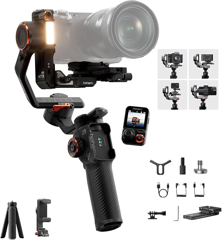 Estabilizador de cardán de cámara 4 en 1 Hohem iSteady MT3 Pro con rastreador AI | Controles de pantalla táctil desmontables, luz de relleno, para teléfonos inteligentes y cámaras de acción compactas y sin espejo, carga útil de 2,5 kg