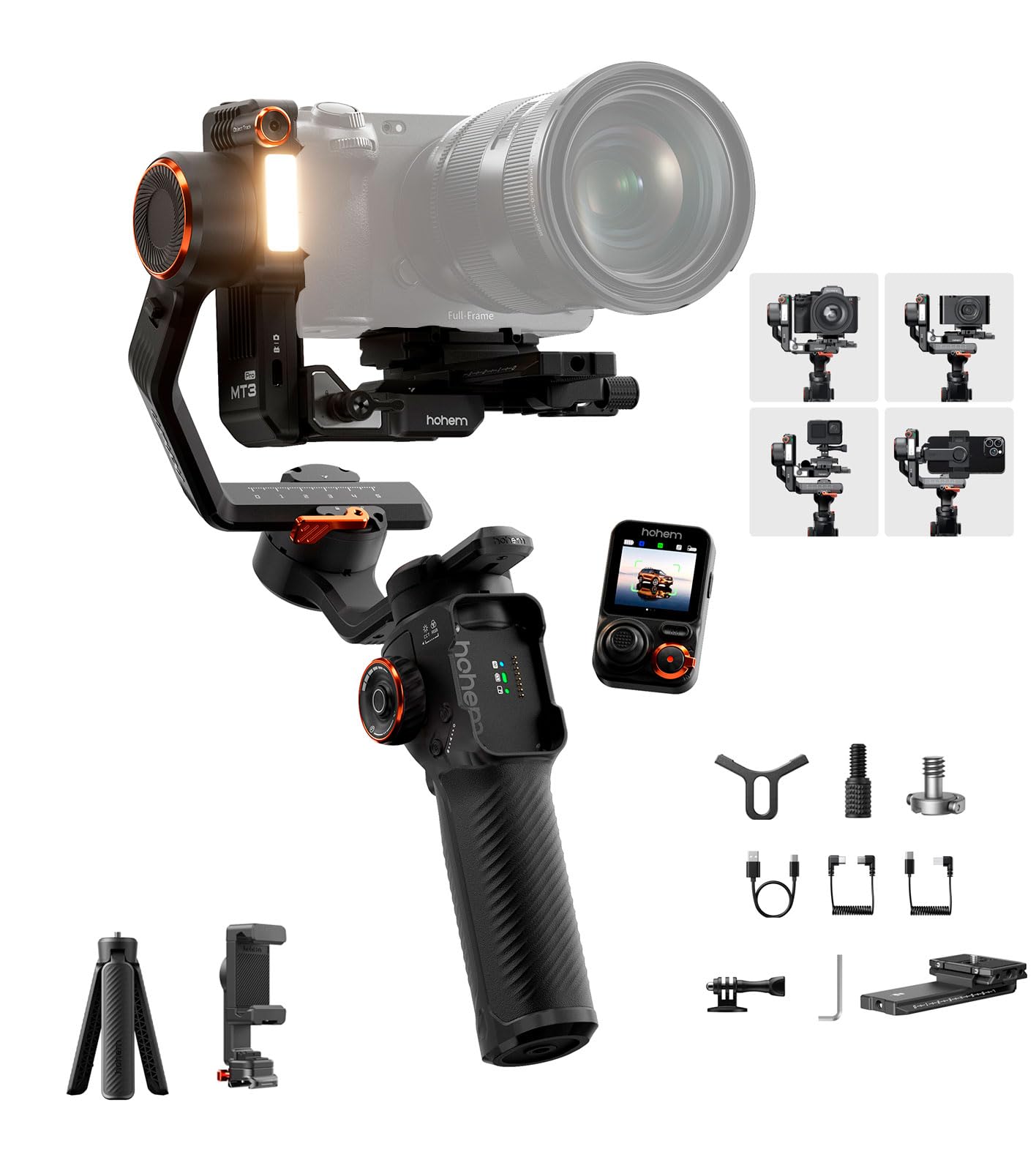 Hohem iSteady MT3 Pro - Estabilizador de cámara 4 en 1 con rastreador de IA, controles de pantalla táctil desmontables, luz de relleno, cardán de 3 ejes para cámaras de acción y teléfonos inteligentes