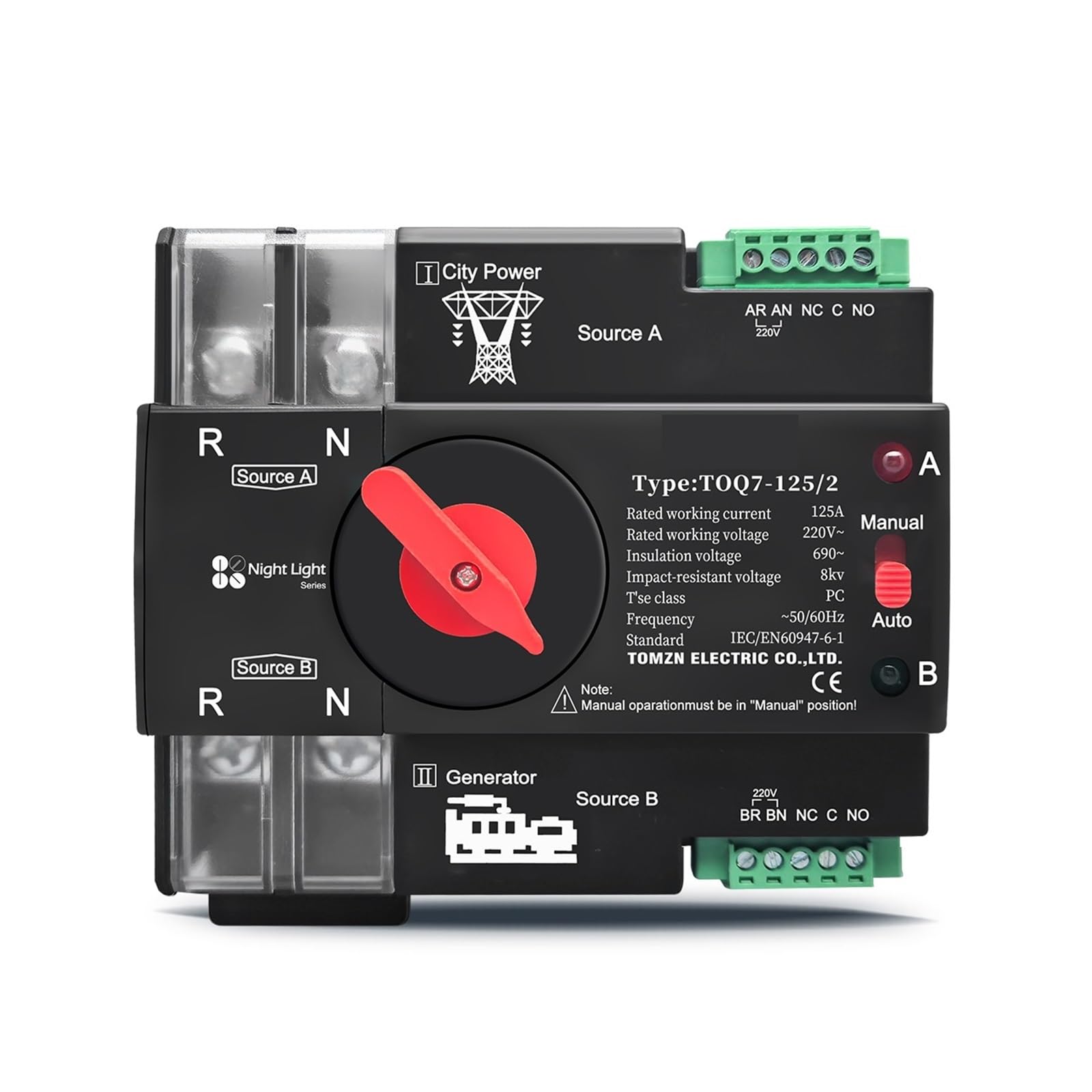 Inverseur de source automatique ATS monophasé 2P 63A pour rail DIN 220V