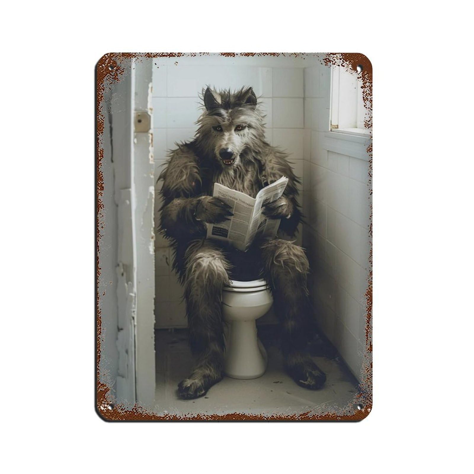 Werewolf Sitting on The Toilet Reading A Newspaper (3) Tin Sign Vintage Metal Pub Club Cafe Bar Home Wall Art Decoration Poster Retro 12x16inch(30x40cm)