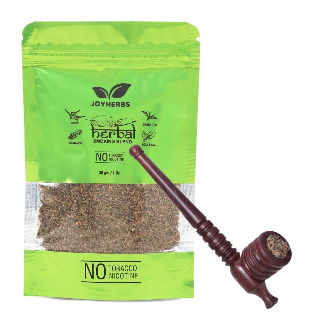 JOYHERBS 100% Tobacco-Free & Nicotine-Free Smoking Mixture With 100% Natural & Ayurvedic Herbal Smoking Blend 1 Pack (1 oz/ 30g) With Wooden Circular Pipe | Helps To Quit Smoking