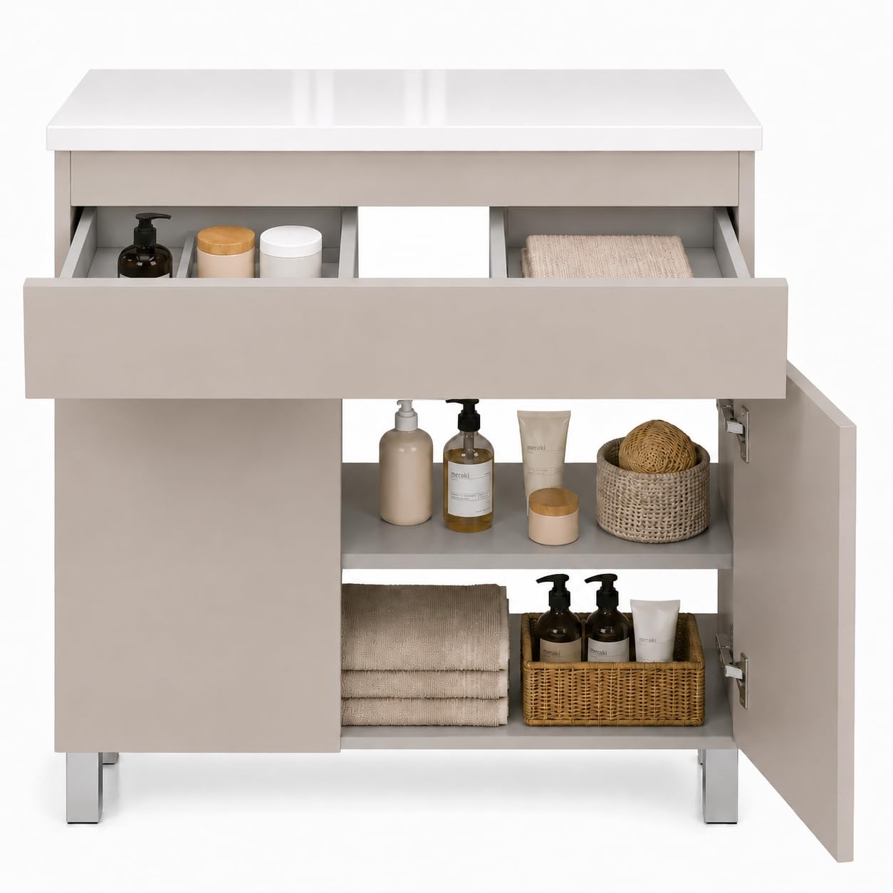 Mueble de baño Ariza Top, suspendido, 80 cm de Ancho, sin Lavabo, con cajón, para lavabos de sobre encimera - Cachemira Mate