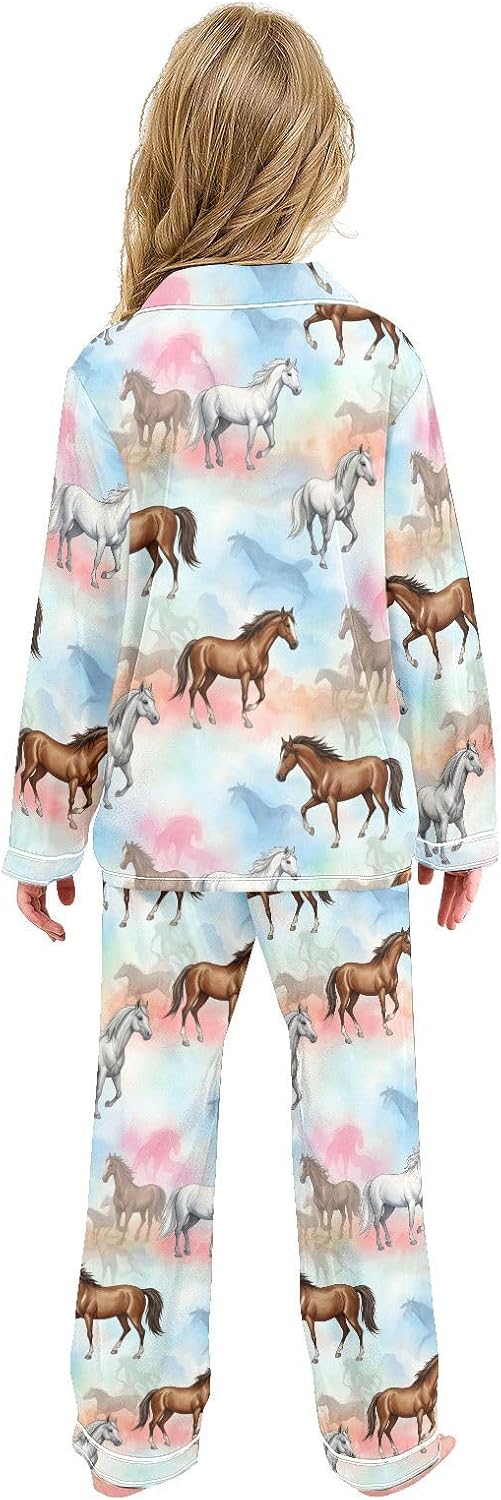 Satin Pajama Sets Short Sleeve Horses Running on Colorful Button Down Silky Nightwear 2 Piece PJS 5-14Y