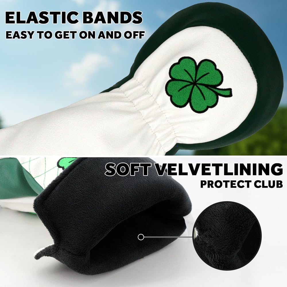 Golf Club Head Covers for Driver Headcover Embroidered Four-Leaf Clover Design Synthetic Lether Fit Most Drivers Fit for Titleist Callaway Ping Taylormade Cobra