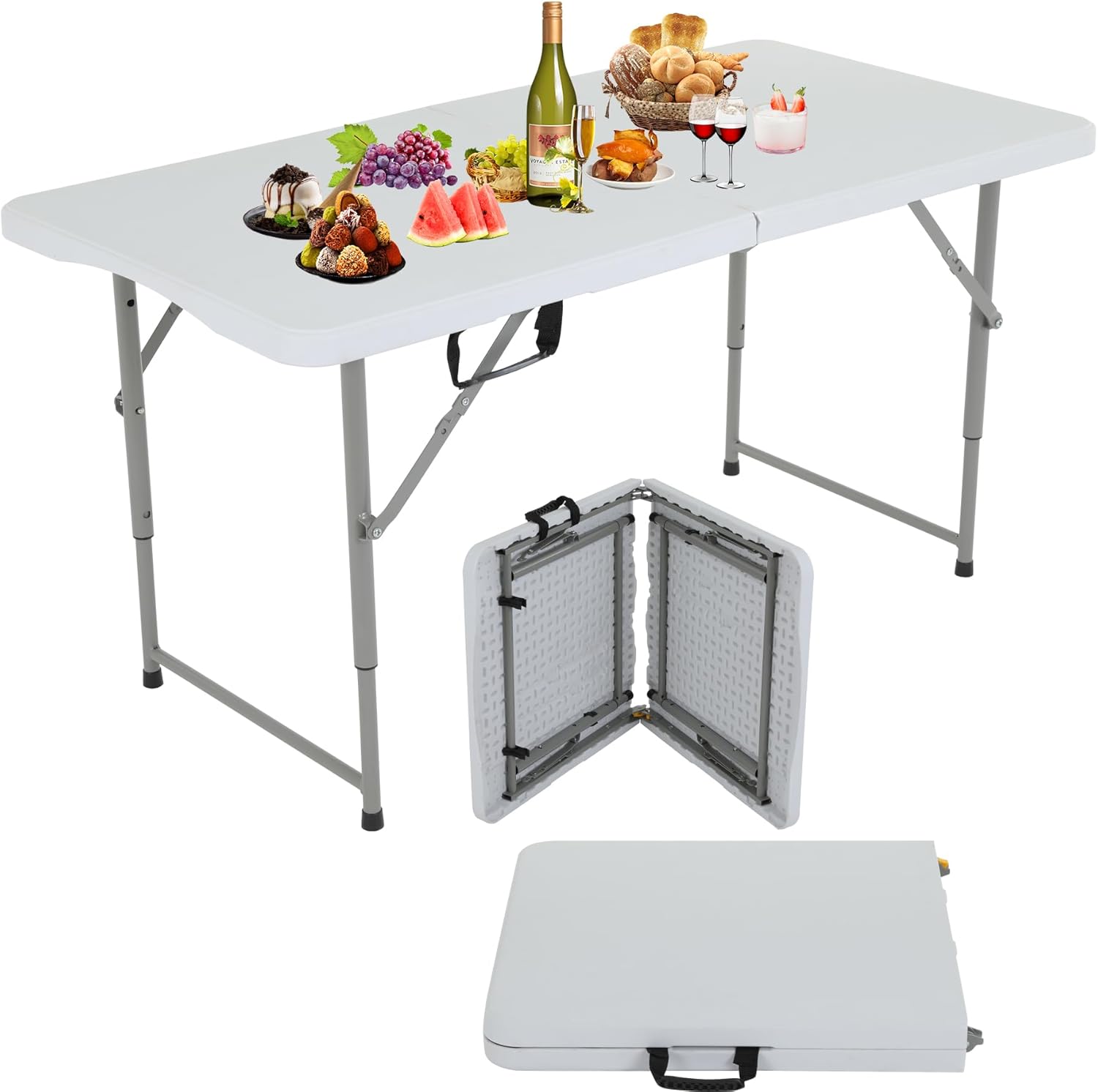 BLKMTY 4ft Portable Folding Table, Adjustable Height, Fold-in-Half Design, Outdoor Picnic Card Table, Indoor Dining Table, with Carrying Handle for Kitchen Party Camping, White
