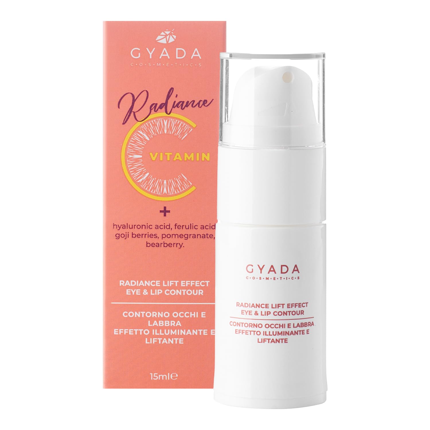 GYADA COSMETICS, Radiance Lift Effect Eye & Lip Contour, Contorno Occhi e Labbra Illuminante, Azione Antiossidante, Contrasta i Segni dell'Età e d'Espressione, a Base di Vitamina C, 15 ml