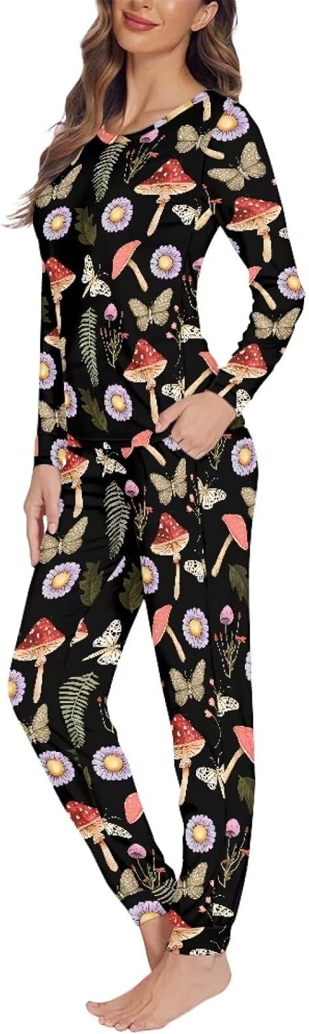 Christmas Women'S Lingerie Sleep & Lounge 3D Print Mushroom Pattern Casual Pajama 2Pcs V-Neck Sleepwear Set