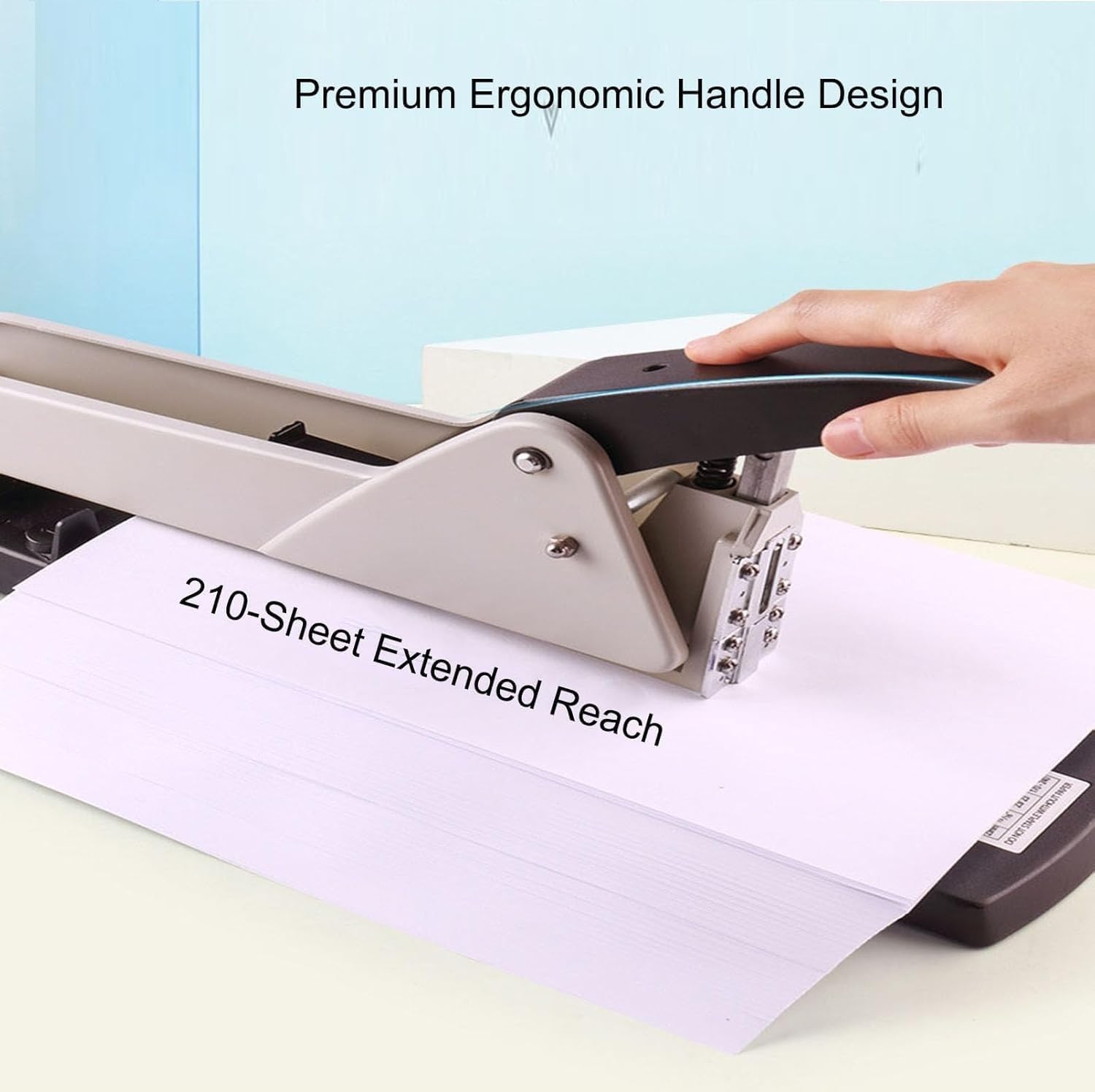 Grapadora escritorio largo alcance, brazo 250mm largo, guía papel ajustable | Capacidad encuadernación de 210 hojas, diseño encuadernación ergonómico, for folletos y documentos papel oficina.
