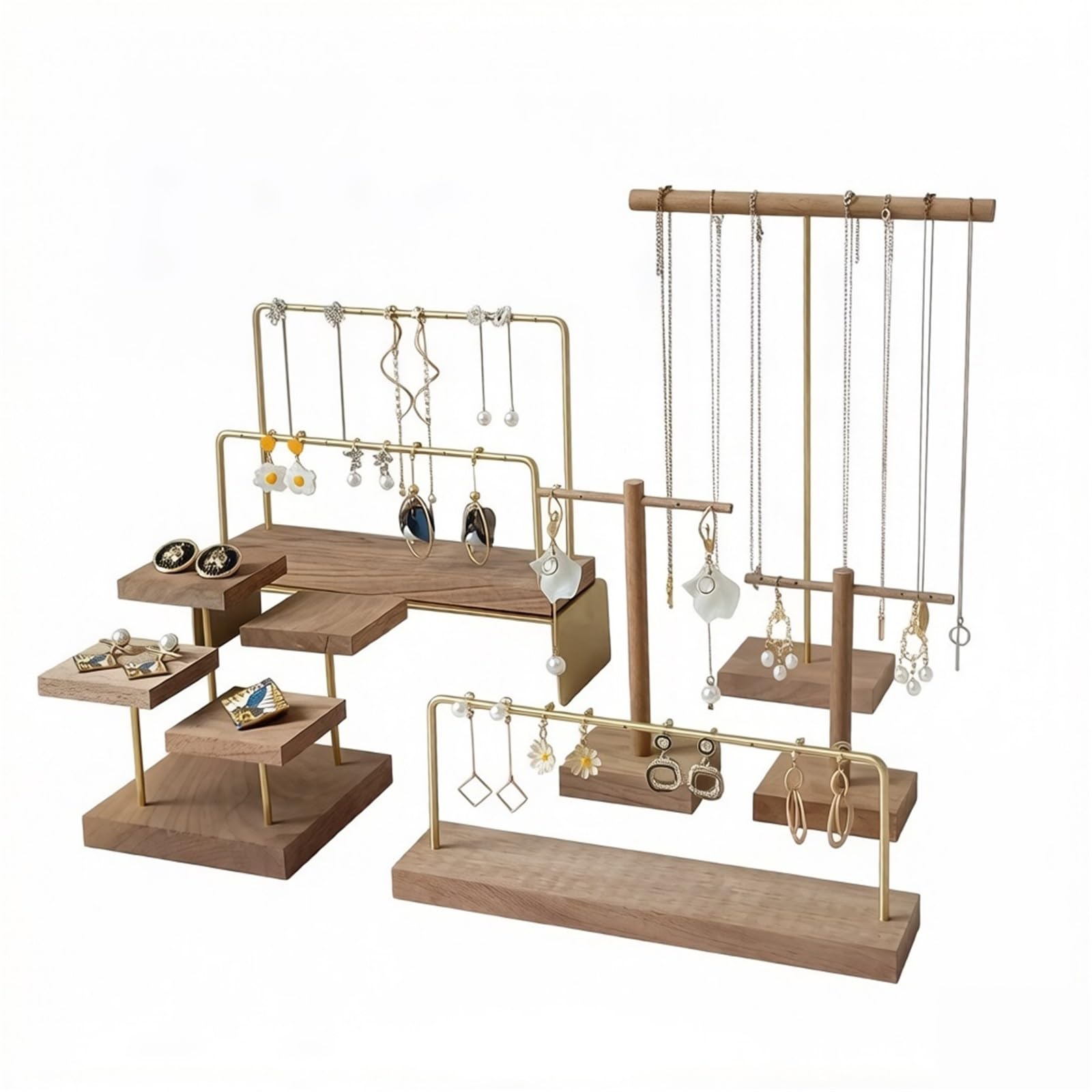 CJHFR472SG Jewelry Organizer Stands Brass Walnut Jewelry Display Stand Combination Earrings Necklace Storage Rack Jewelry Display Stand