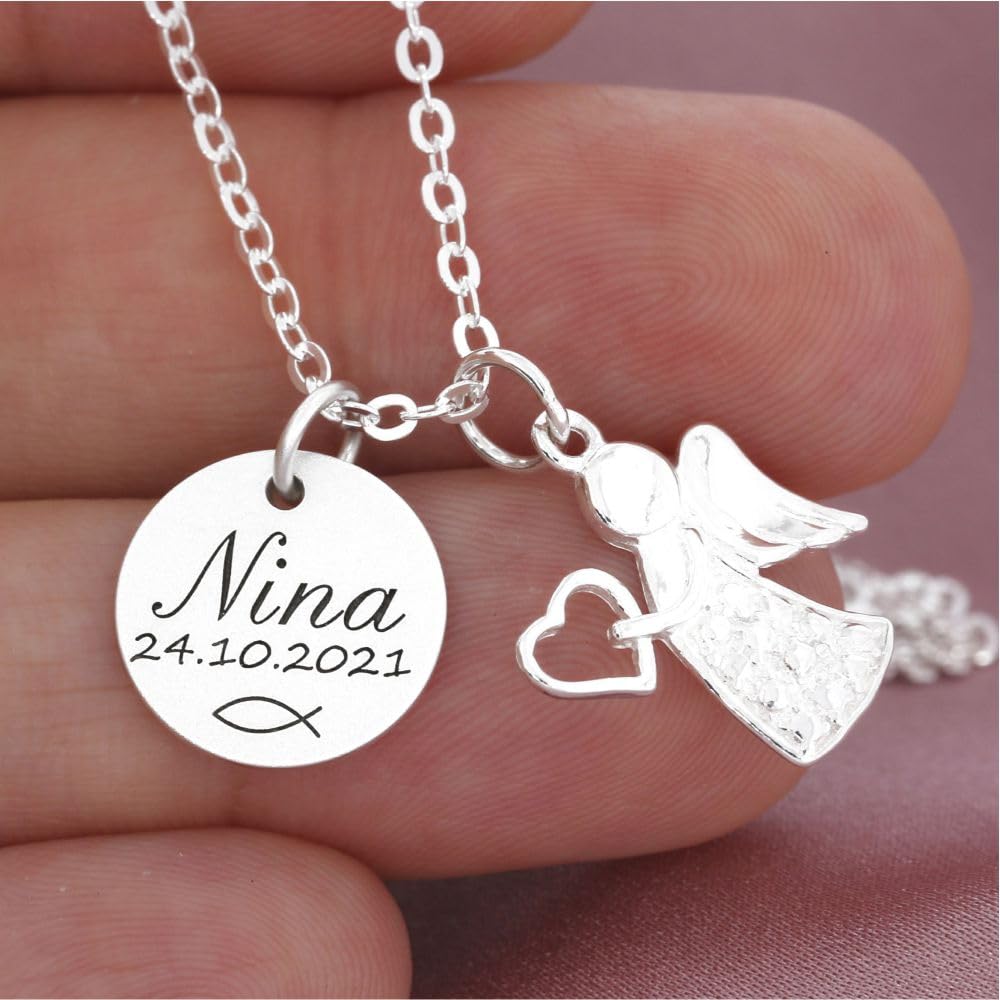 Taufkette Mädchen mit Gravur Namenskette Taufe Silber Taufschmuck Engel Taufgeschenk Geburt Kette Schutzengel Baby Heilige Taufe | HANDMADE IN GERMANY