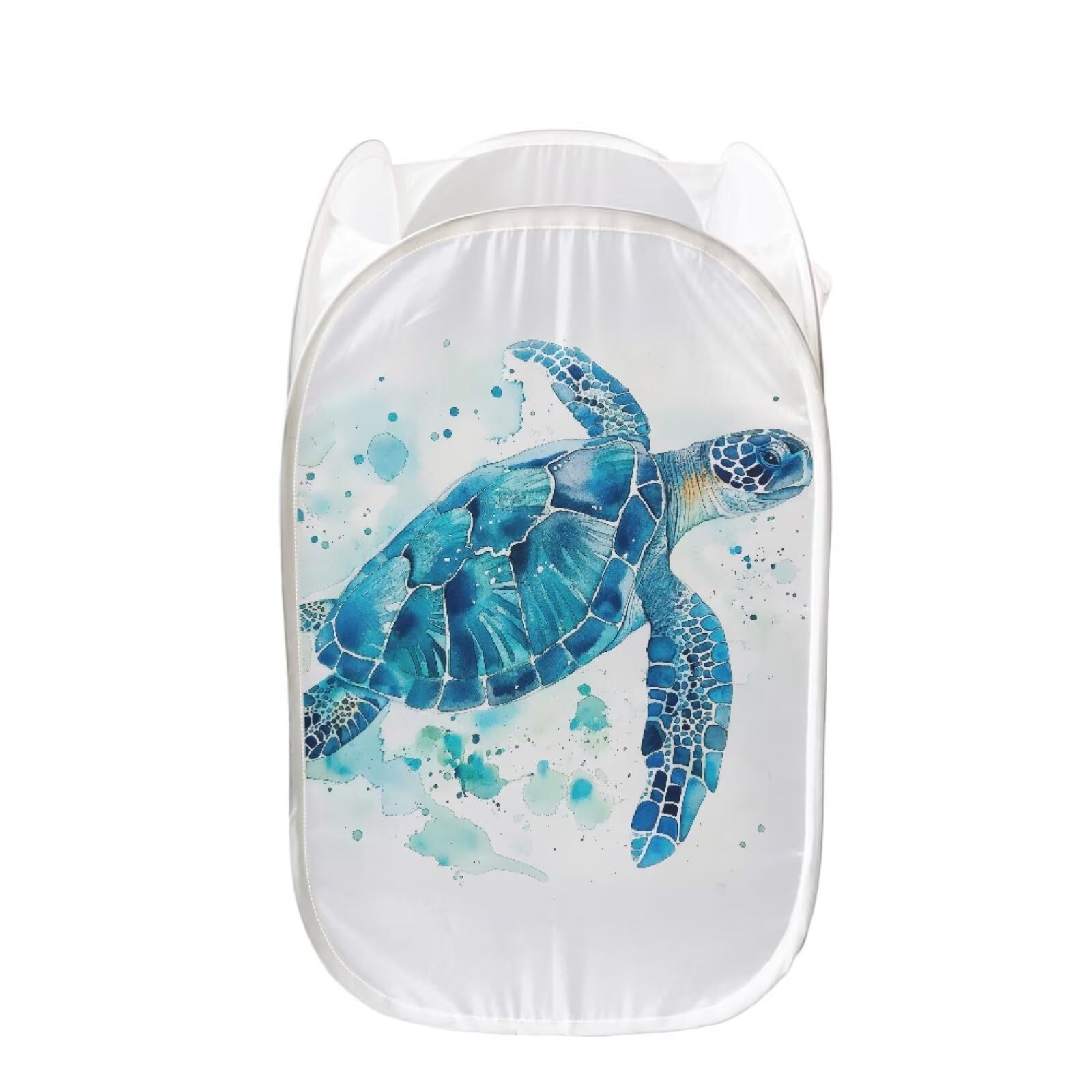 Forchrinse Blue Sea Turtle Mesh Pop-Up Hamper Foldable Laundry Basket with Side Pocket,Suitable for University Dormitory,Travel