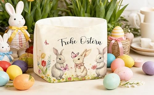 Brotkorb Stoff Osterkörbchen, Osterkorb mit Hasenmotiv, Frohe Ostern Tischdeko Osterdeko Frühlingsdeko, Brötchenkorb für Brot Brötchen Gebäck Frühst
