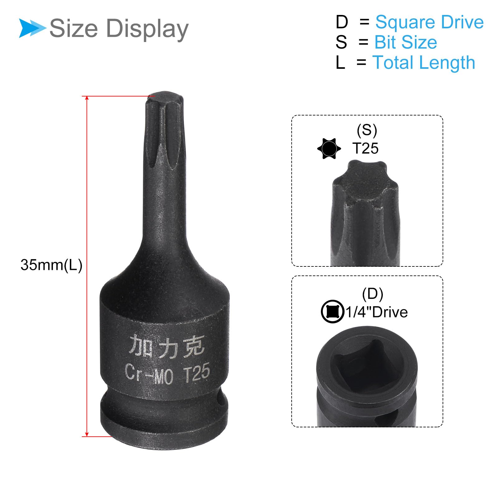 CoCud Impact Torx Bit Socket, T25 1/4" Square Drive 35mm Length, CR-MO Chamfer Design Pin Hole 6 Point Star Socket Bit - Image 2