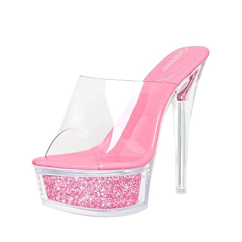 Fantoesay Women's Stiletto High Heeled Glitter Platform Sandals-Clear Sparkly 5 Inches+ Heels Sexy Slip on Shoes - 7 - Hot Pink