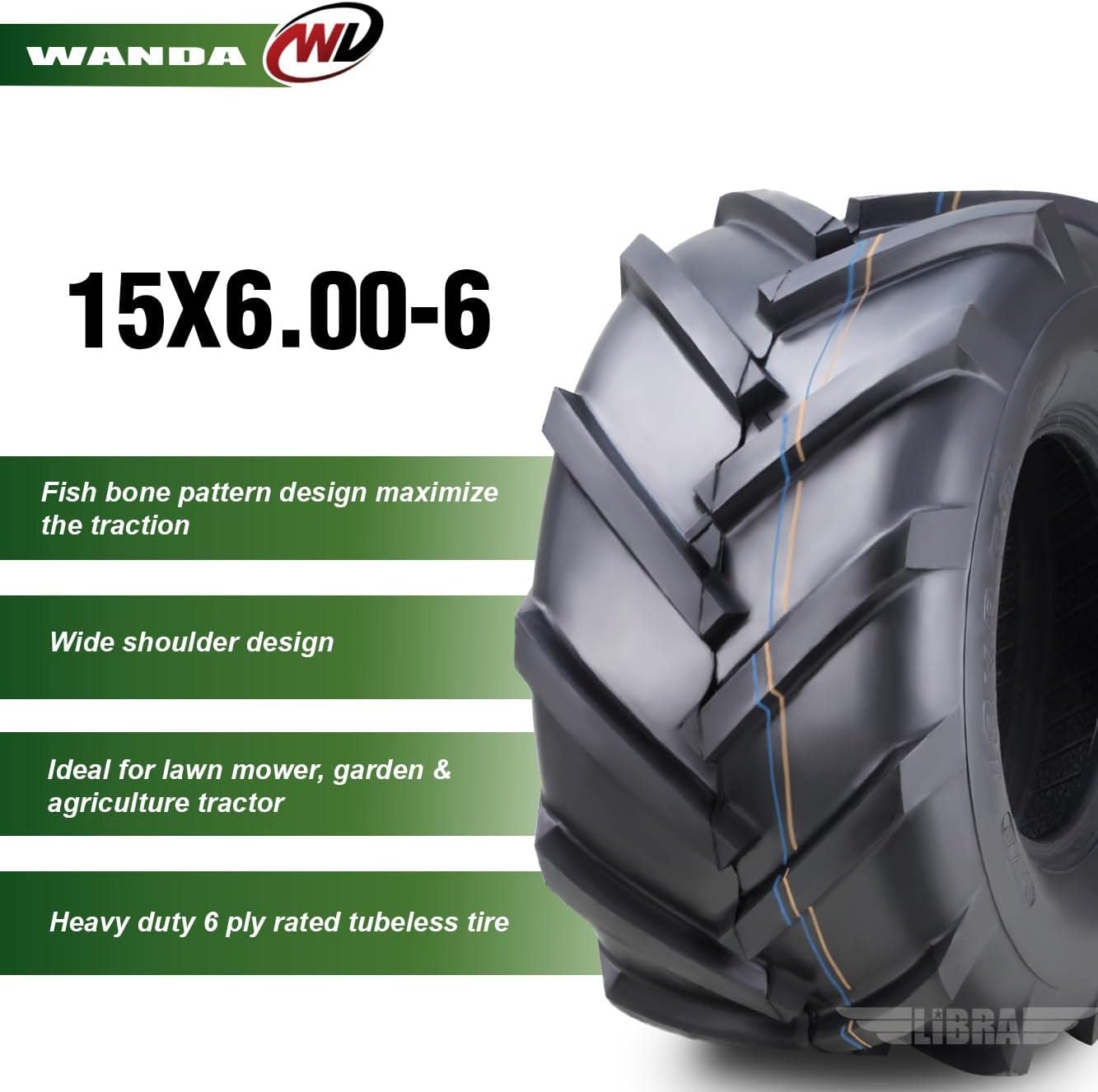 WANDA 15x6-6 Lawn Mower Agriculture Farm Tractor Tire 4 Ply 15x6x6-13078