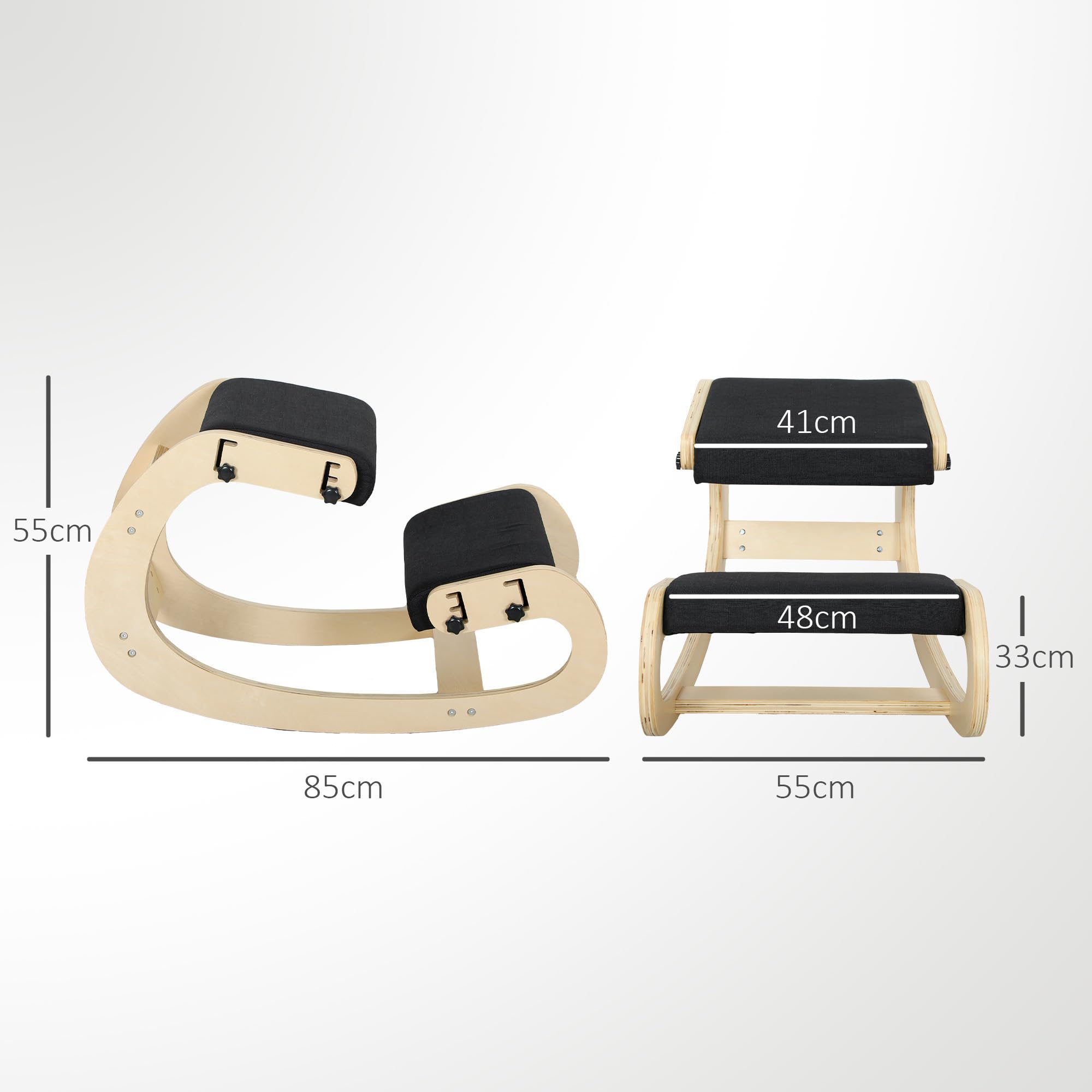 HOMCOM Asiento de Rodilla, Asiento Ergonómico de Madera basculante, Silla de Rodilla ajustable para Oficina en casa, Mejorar la Postura, Dolor de Espalda, Negro