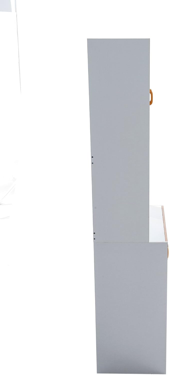 Home Source Industries - 153BRD - Tall Kitchen Microwave Cart - Cabinets, Shelf and Glass Doors - White with Light Wood Trim