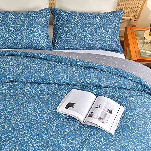 Nanko Cotton Queen Size Duvet Cover Set, Dark Blue Floral Herbs Leaf Printed Pattern Soft Bedding Sets Comforter Quilt Covers With Zip Tie, Farmhouse Style For Women Men Teen 3Pc 90X90, Navy Flower #TOP2