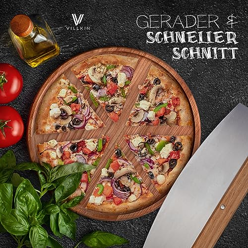 Foto von Villkin Pizzamesser mit 32cm Klinge - Scharfer Pizzaschneider aus Edelstahl mit Holzgriff - Großes Wiegemesser effektiver als Pizzaroller (Groß)